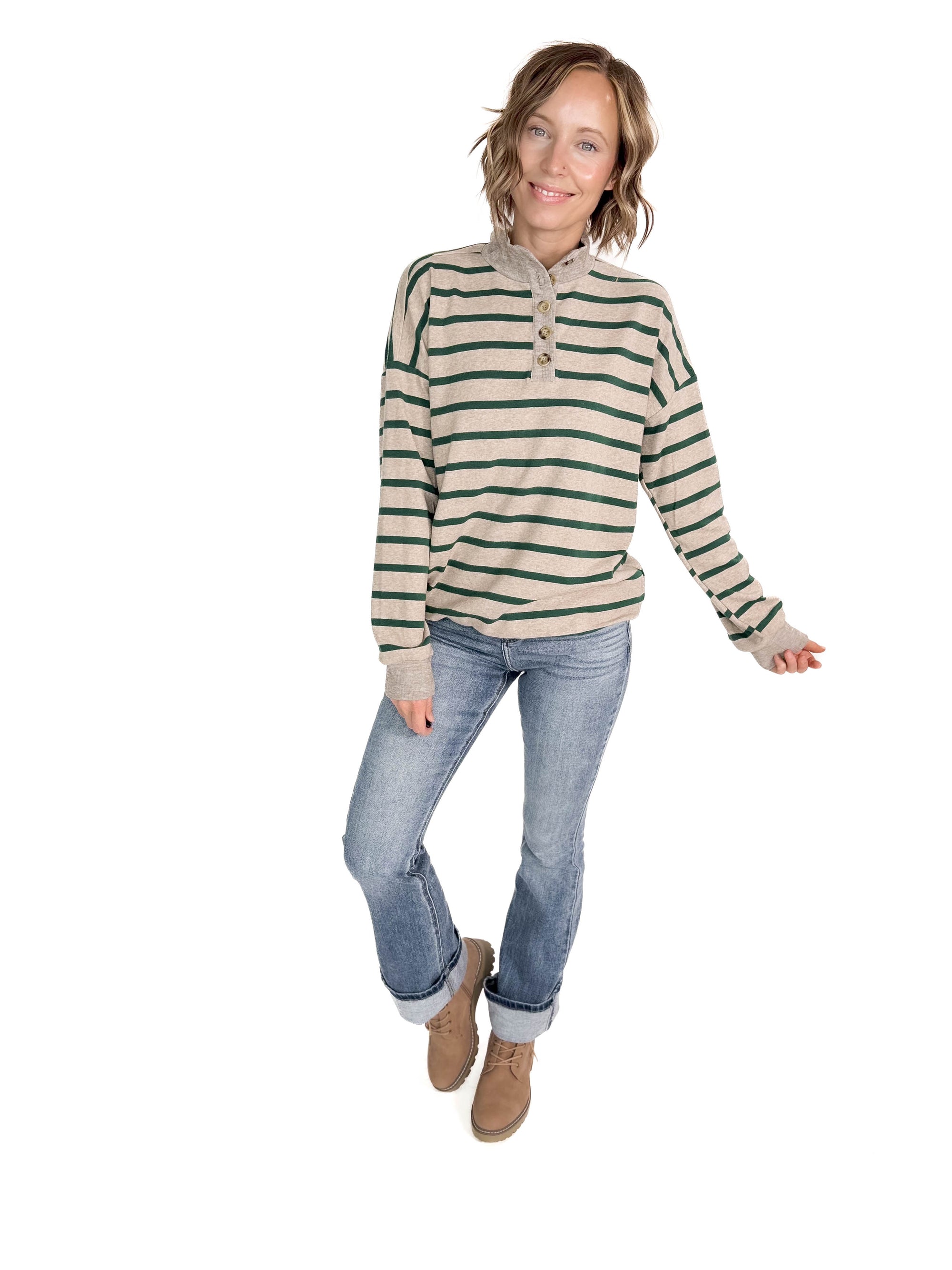 Henry Striped Soft Sweater- OATMEAl/FOREST