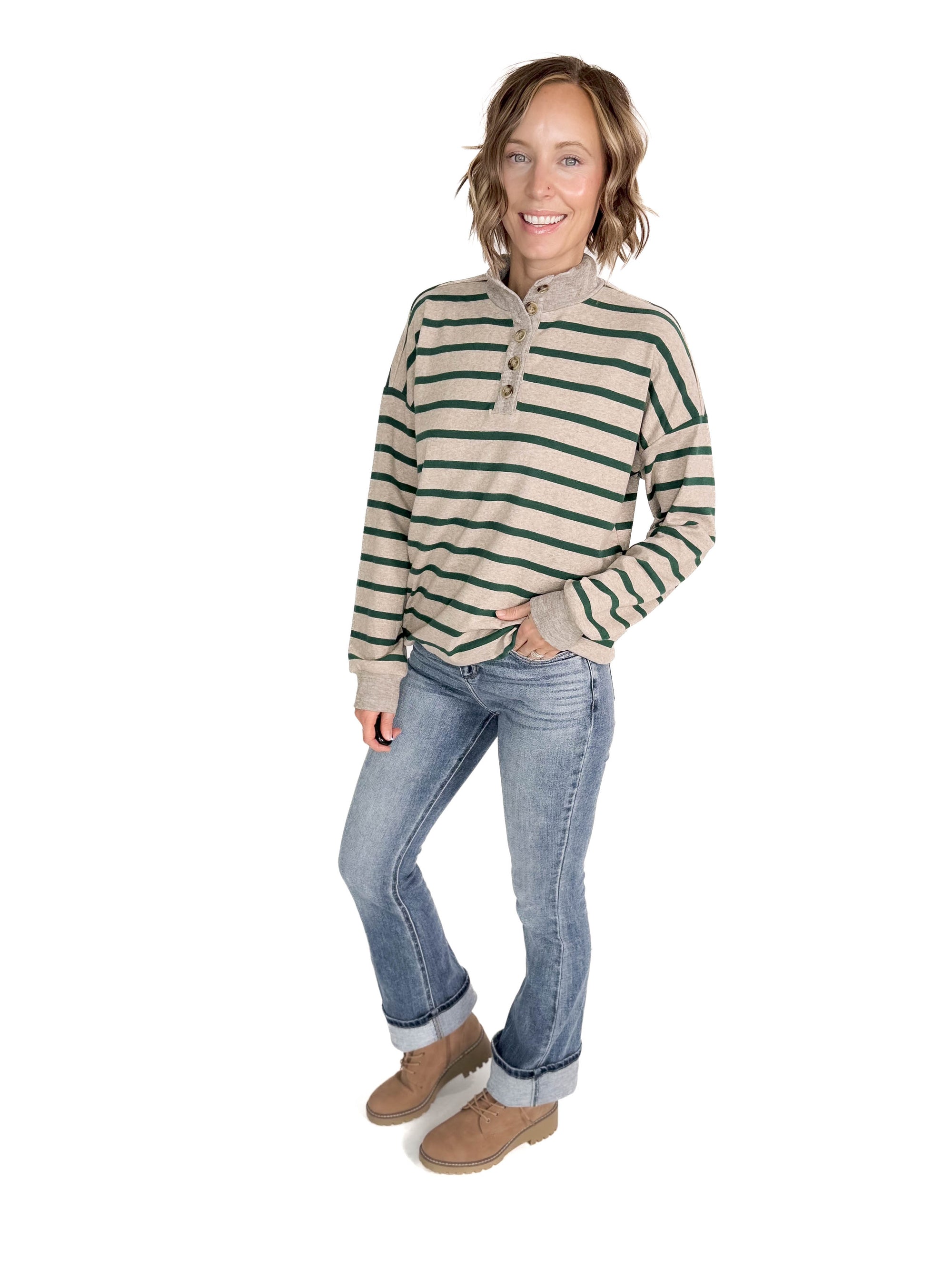 Henry Striped Soft Sweater- OATMEAl/FOREST