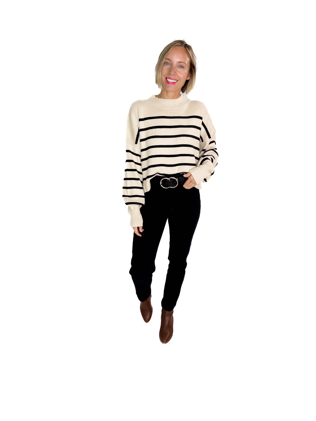 Tory Striped Ribbed Crewneck Sweater Top- KHAKI/BLACK