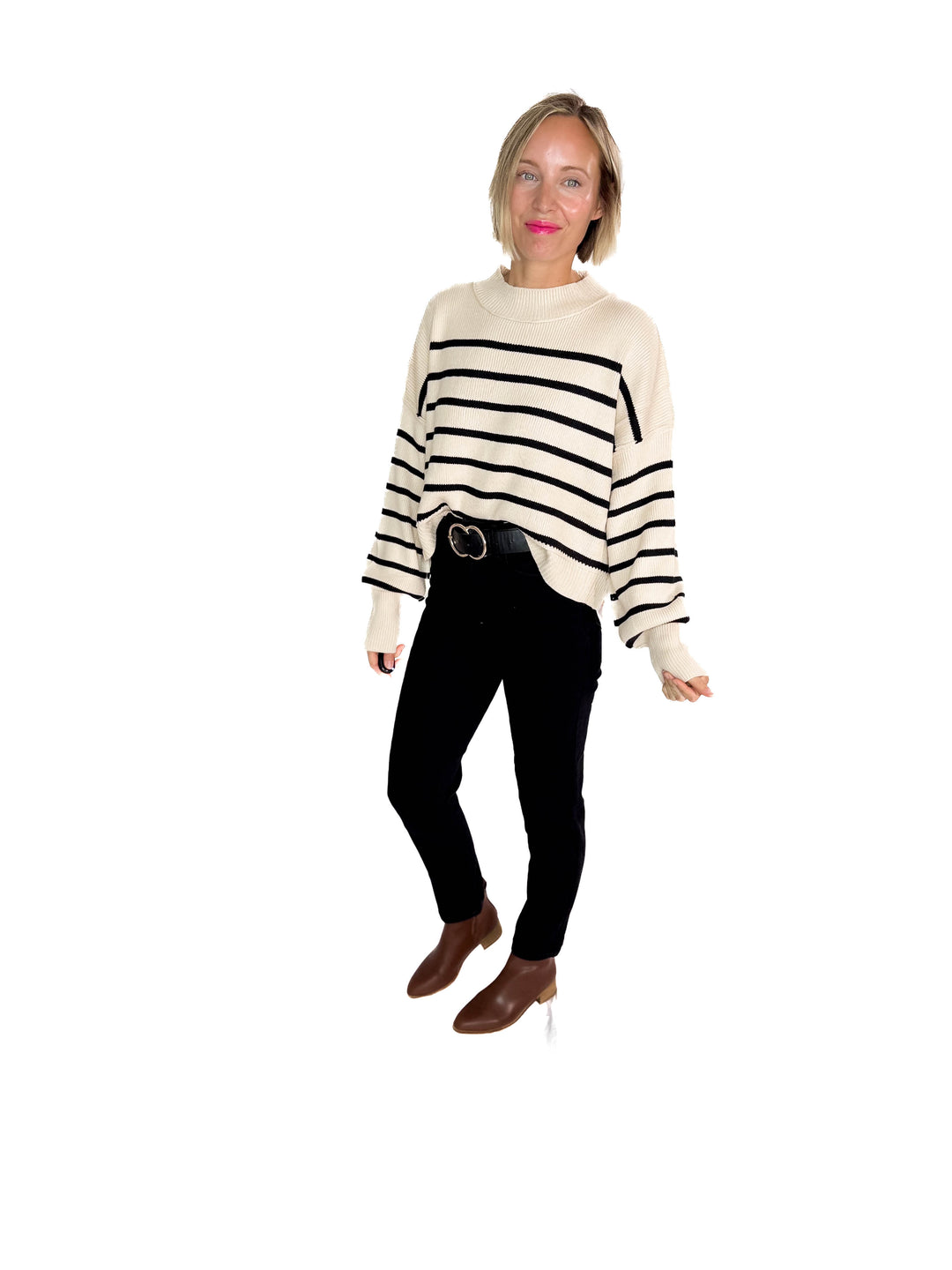 Tory Striped Ribbed Crewneck Sweater Top- KHAKI/BLACK