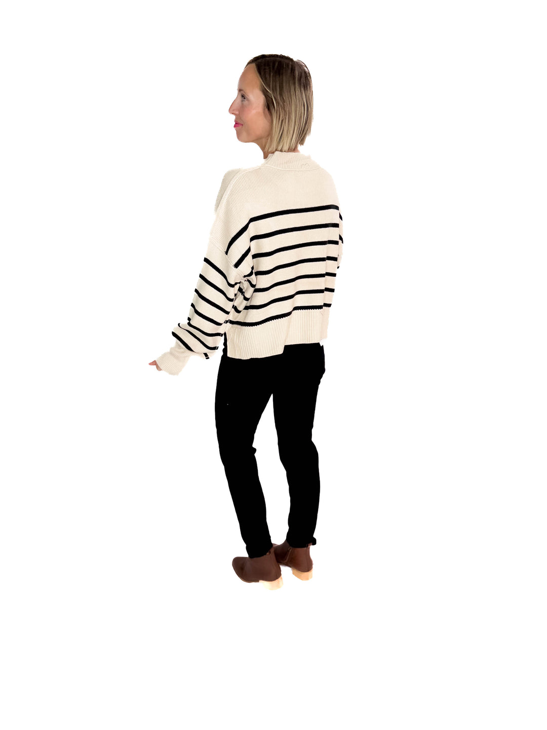 Tory Striped Ribbed Crewneck Sweater Top- KHAKI/BLACK