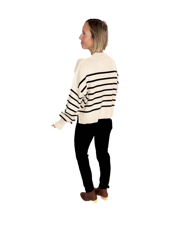 Tory Striped Ribbed Crewneck Sweater Top- KHAKI/BLACK