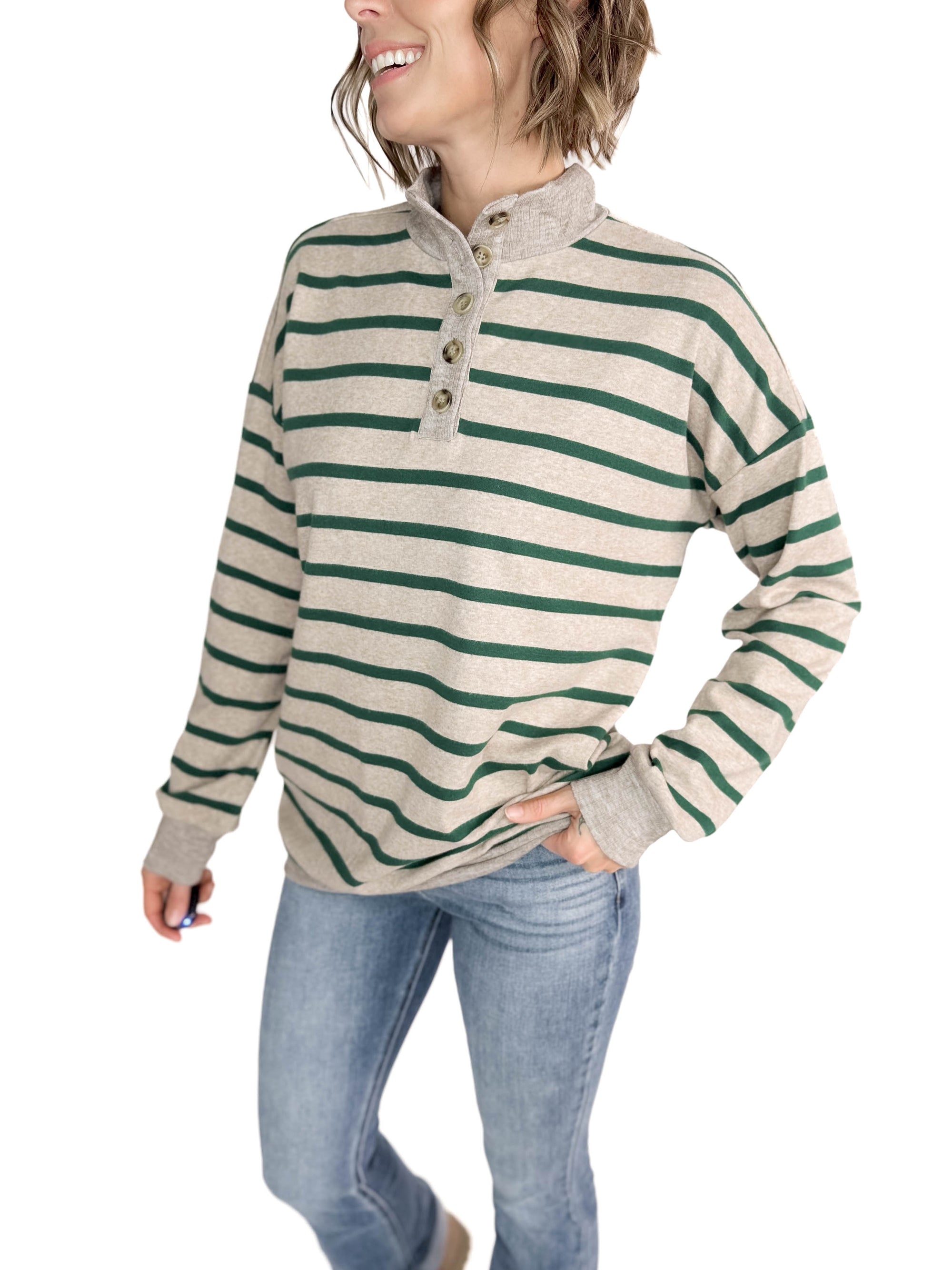 Henry Striped Soft Sweater- OATMEAl/FOREST