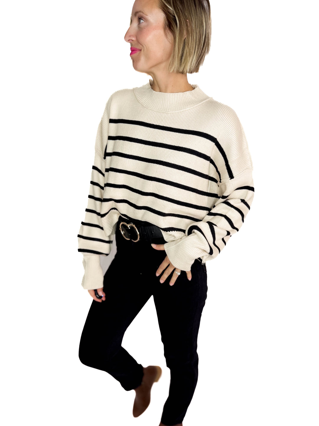Tory Striped Ribbed Crewneck Sweater Top- KHAKI/BLACK
