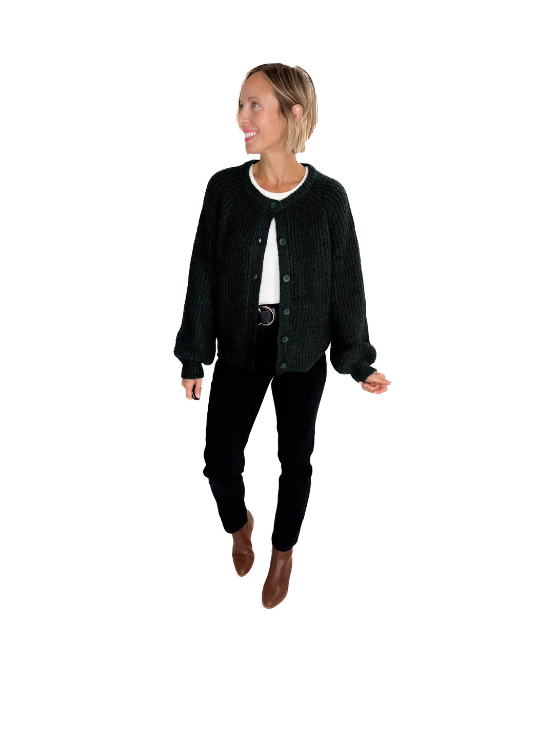 Krystle Button Cardigan- EVERGREEN