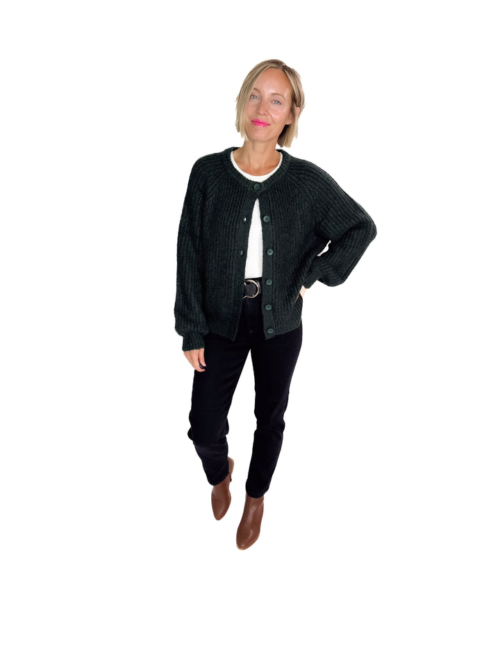 Krystle Button Cardigan- EVERGREEN