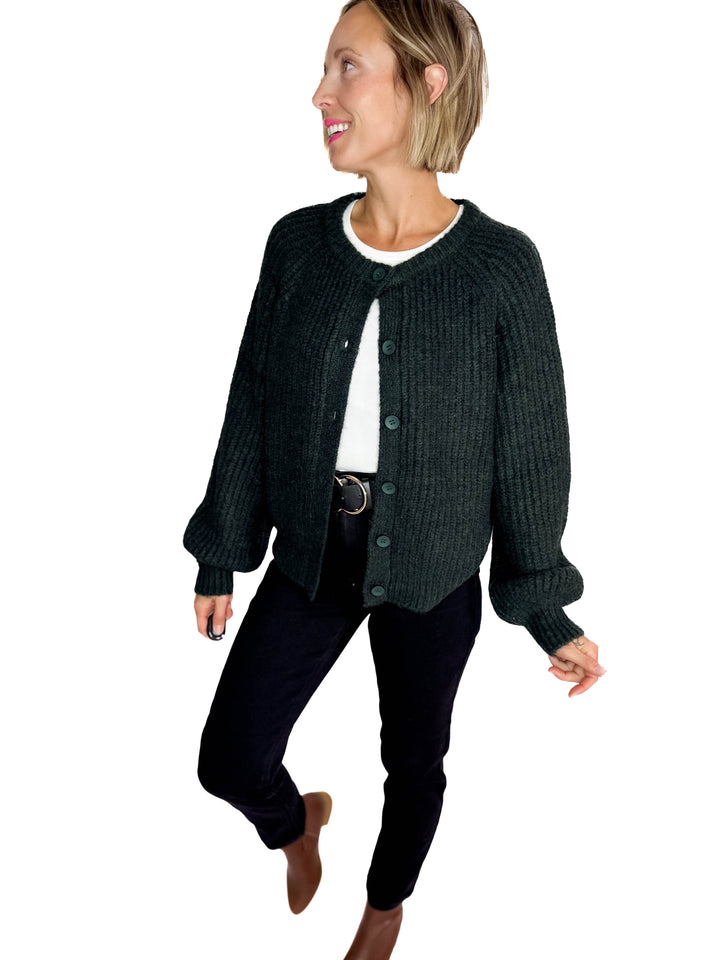 Krystle Button Cardigan- EVERGREEN