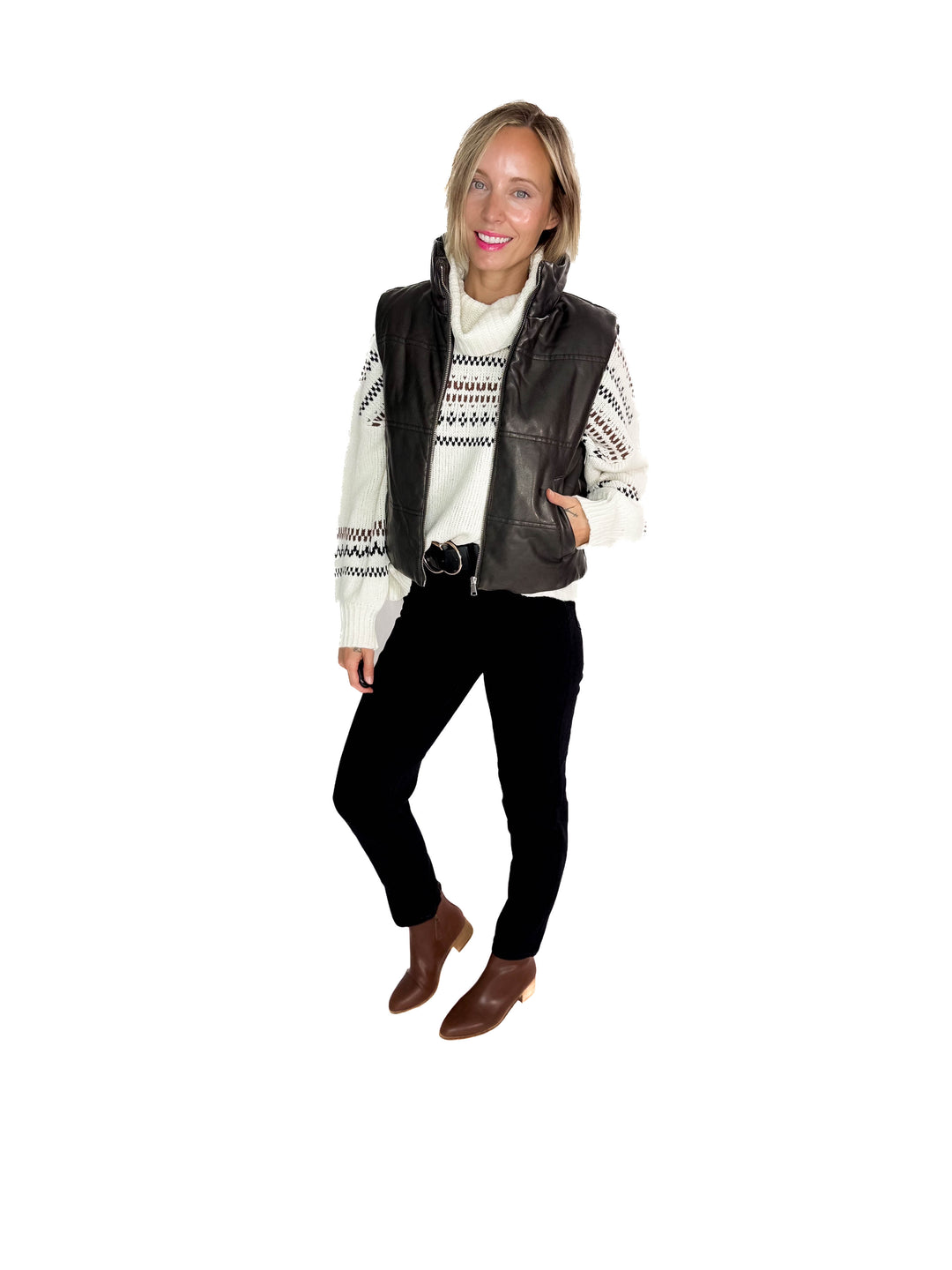 Vivianna Leather Look Puffer Vest- CHARCOAL