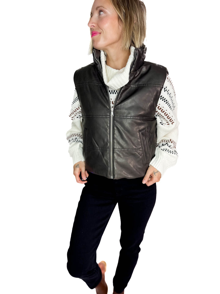 Vivianna Leather Look Puffer Vest- CHARCOAL