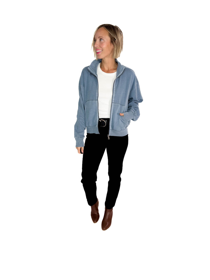 Adeline Cozy Acid Wash High Collar Full Zip- WASHED TEAL