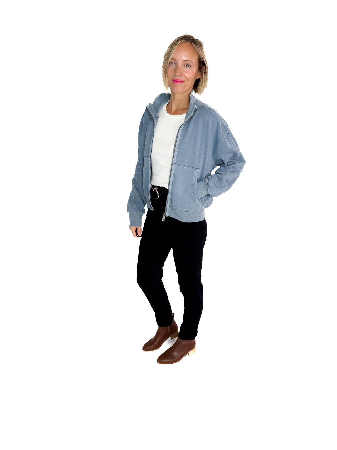 Adeline Cozy Acid Wash High Collar Full Zip- WASHED TEAL