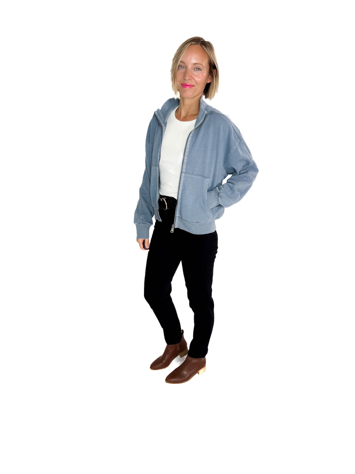 Adeline Cozy Acid Wash High Collar Full Zip- WASHED TEAL