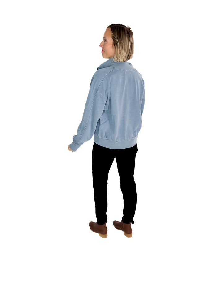 Adeline Cozy Acid Wash High Collar Full Zip- WASHED TEAL