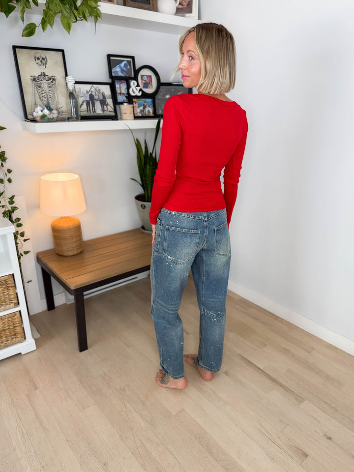 Ripley Tie Waist Splatter Jeans- DARK DENIM