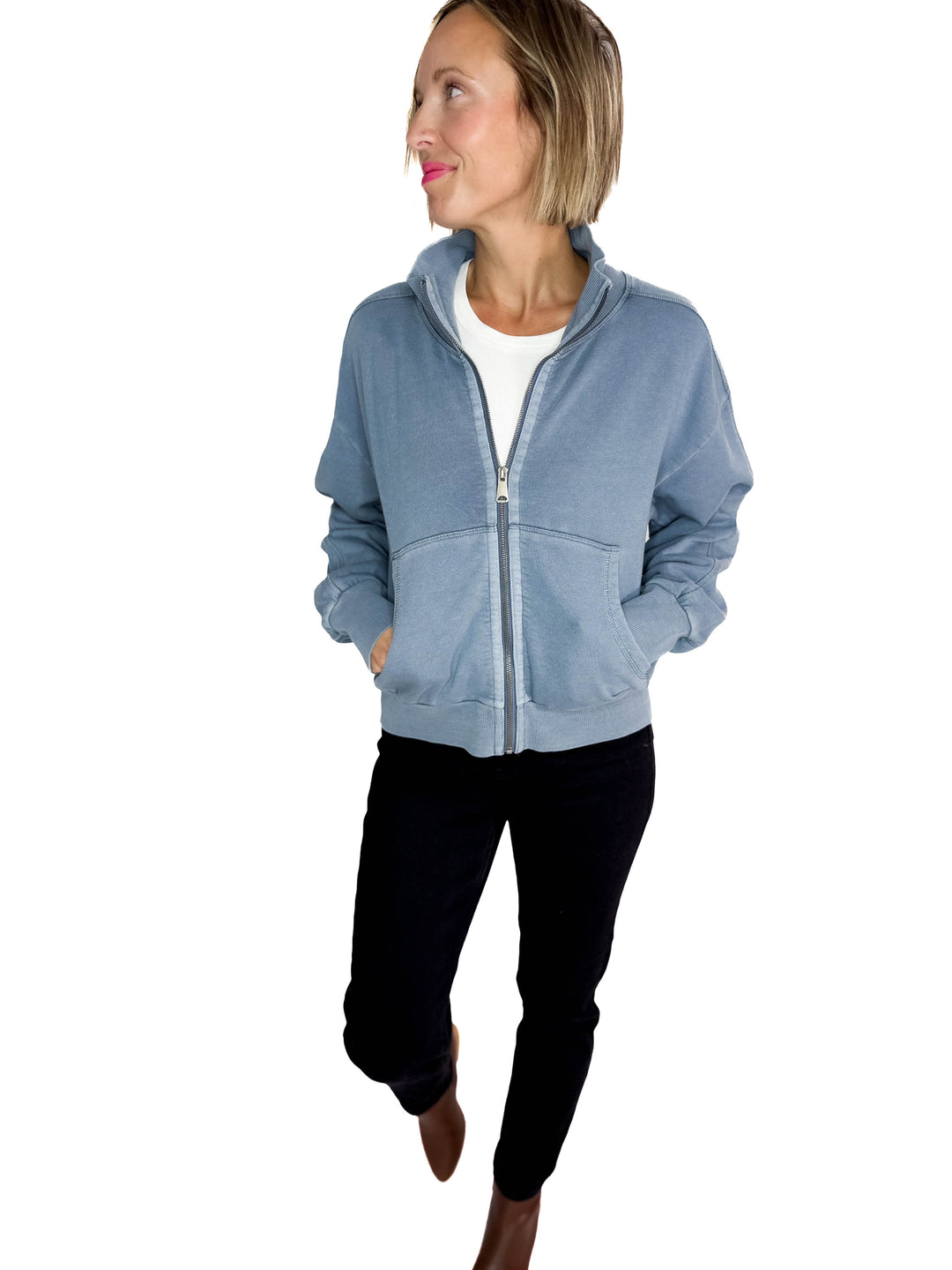 Adeline Cozy Acid Wash High Collar Full Zip- WASHED TEAL