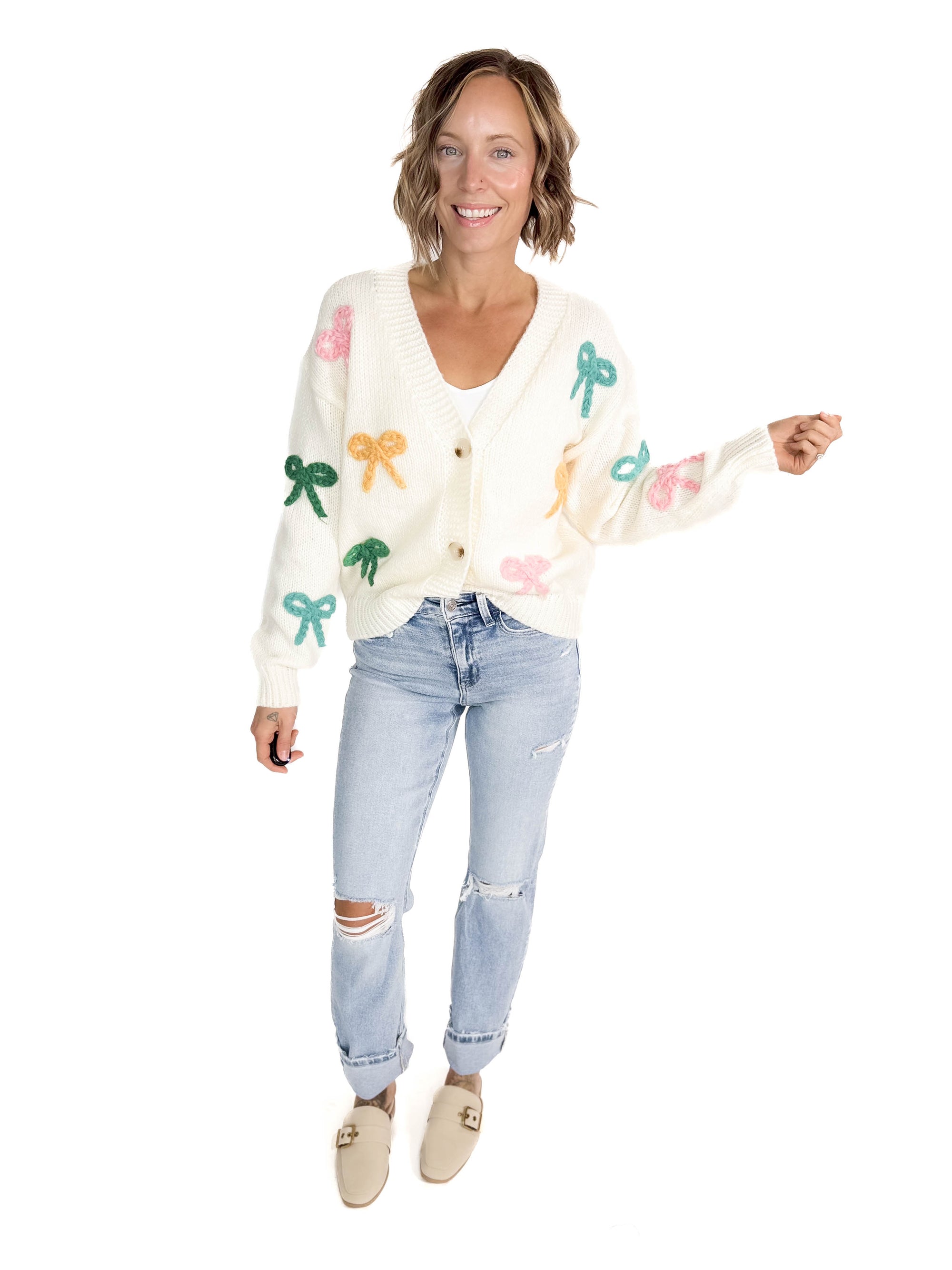 Kyla Button Bow Cardigan- OFF WHITE