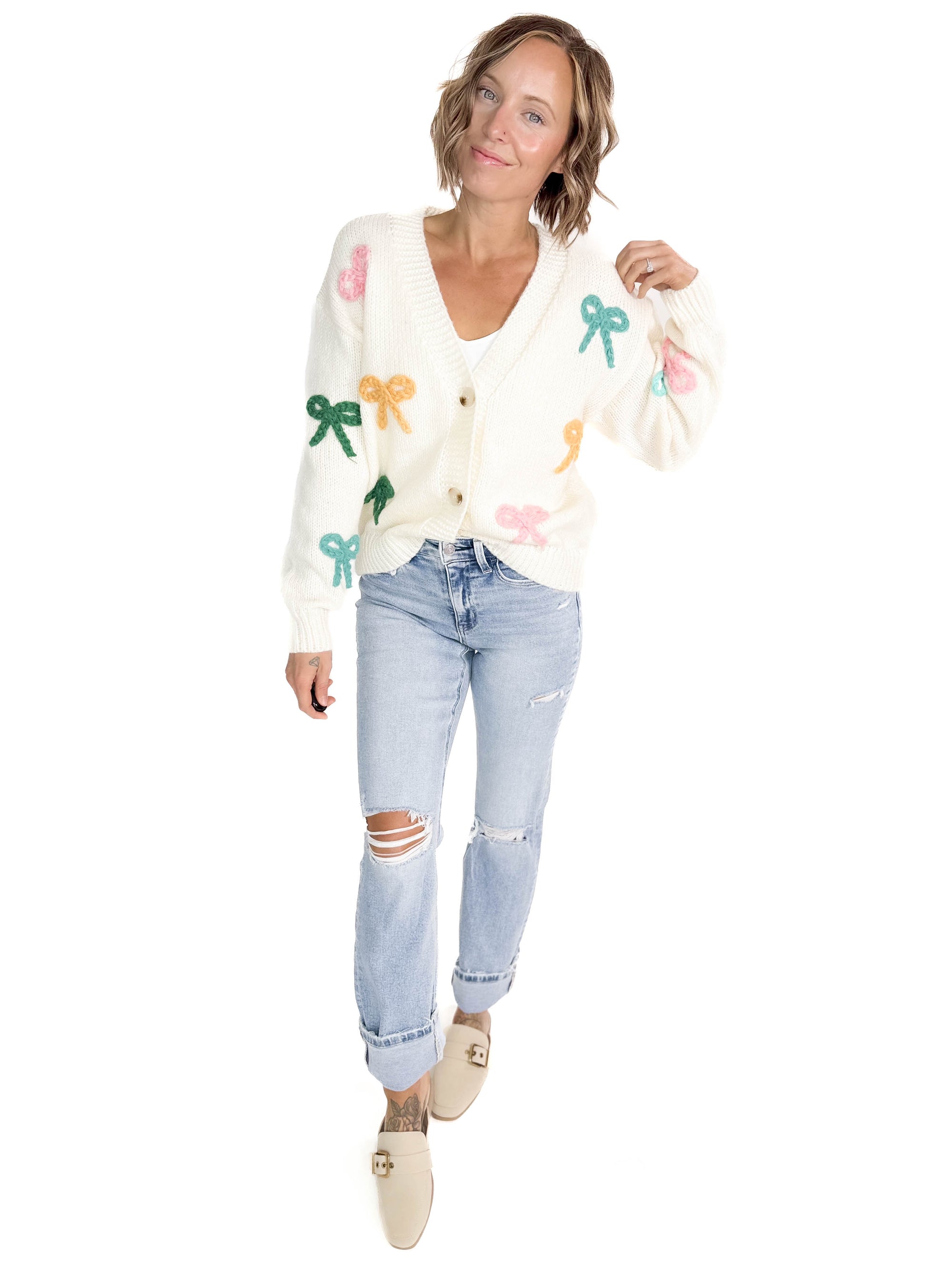 Kyla Button Bow Cardigan- OFF WHITE