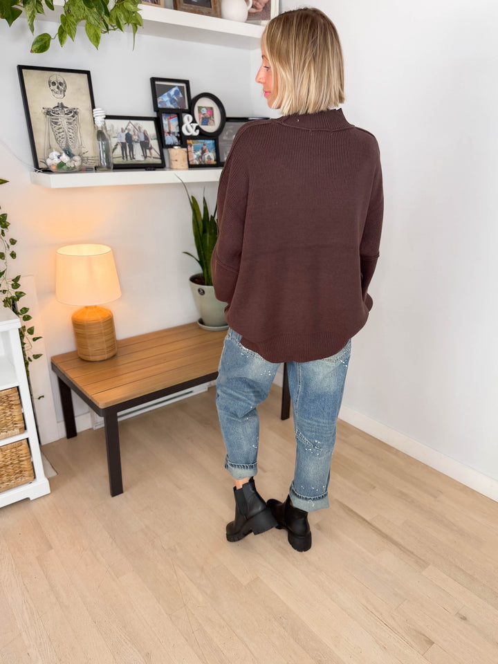Frosted Pines Oversized Side Slit Sweater- DARK BROWN