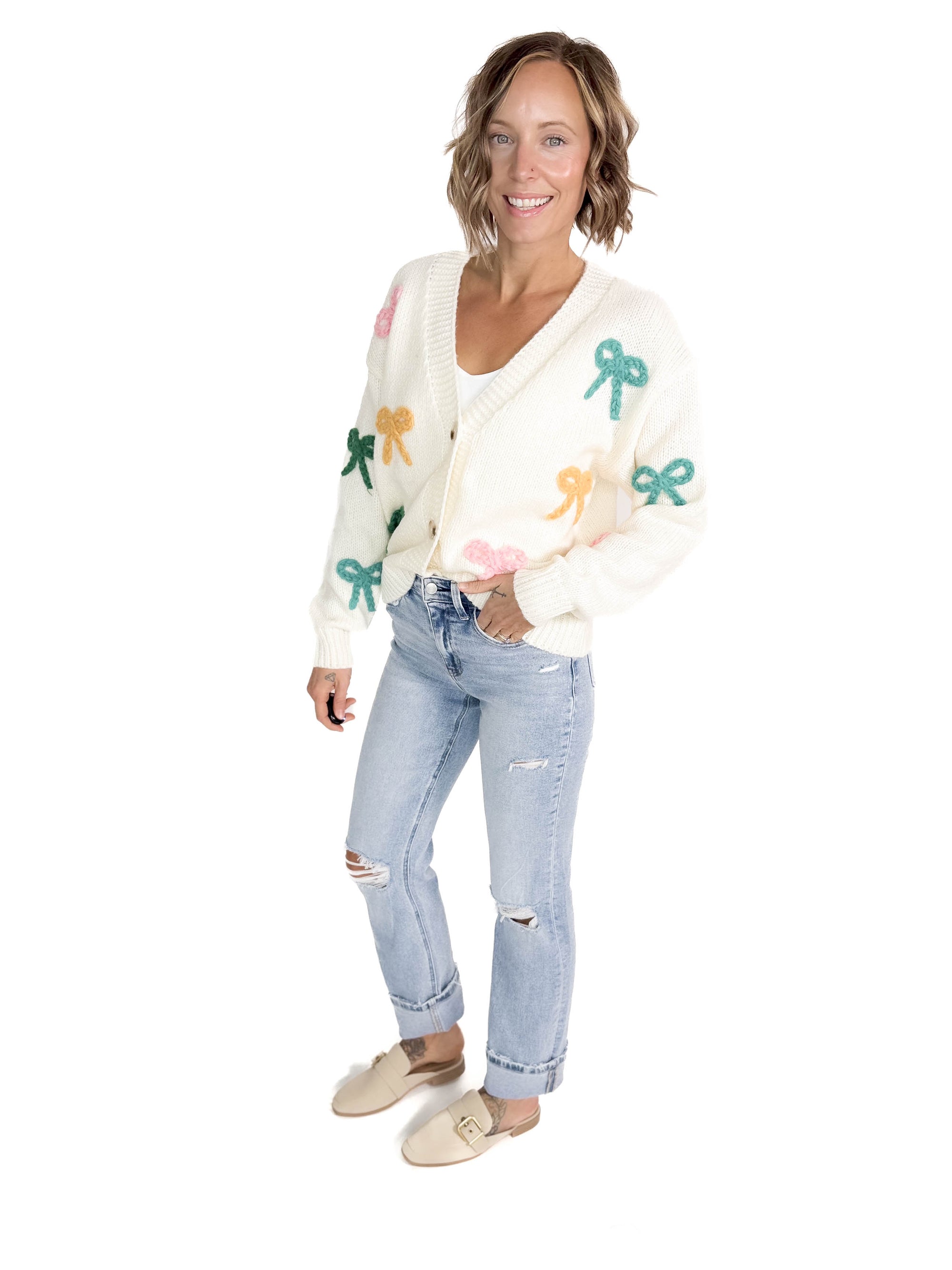 Kyla Button Bow Cardigan- OFF WHITE