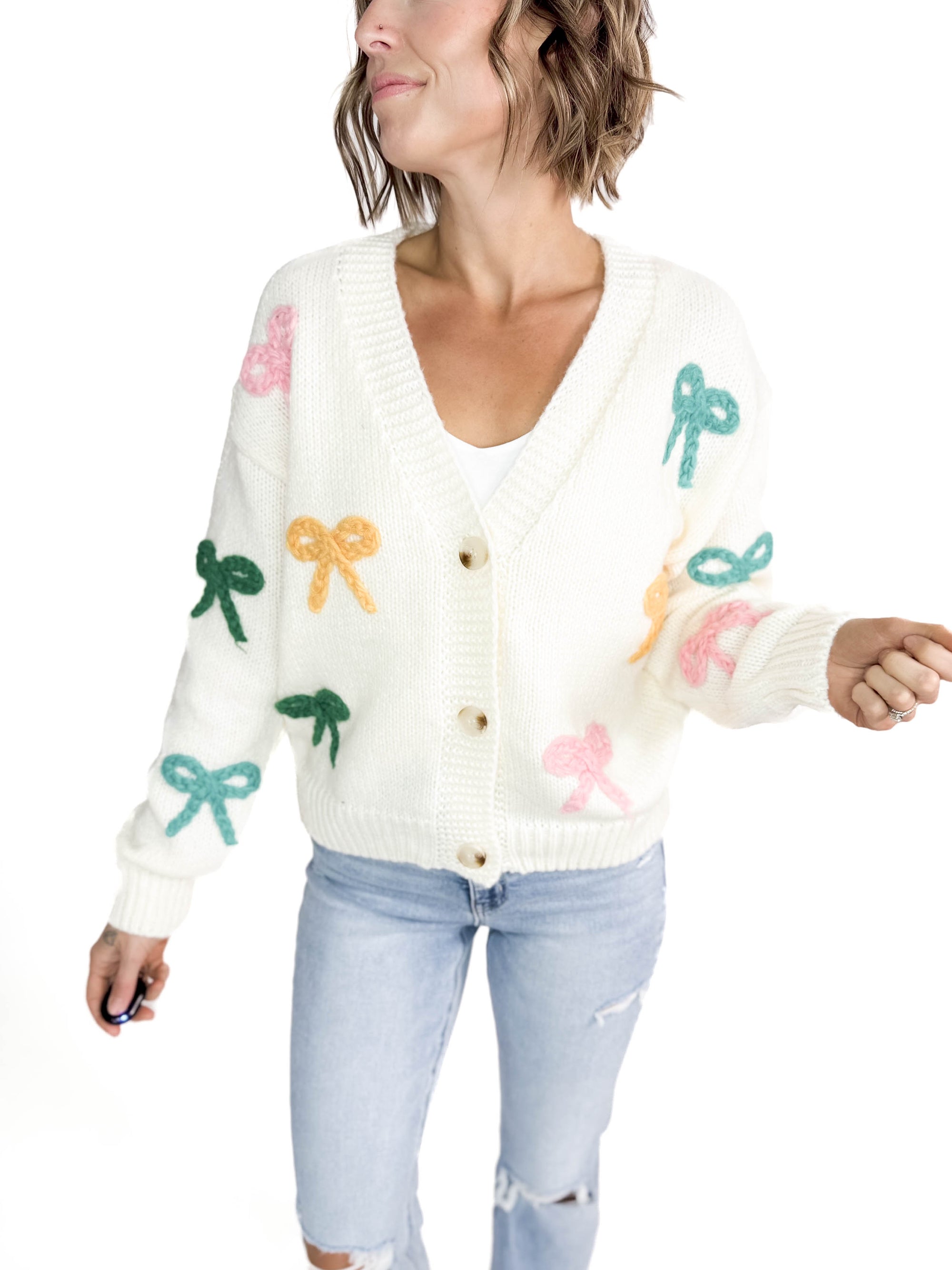 Kyla Button Bow Cardigan- OFF WHITE