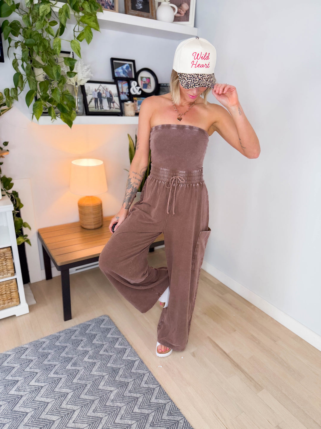 Whitney Strapless Cargo Jumpsuit- CHOCOLATE