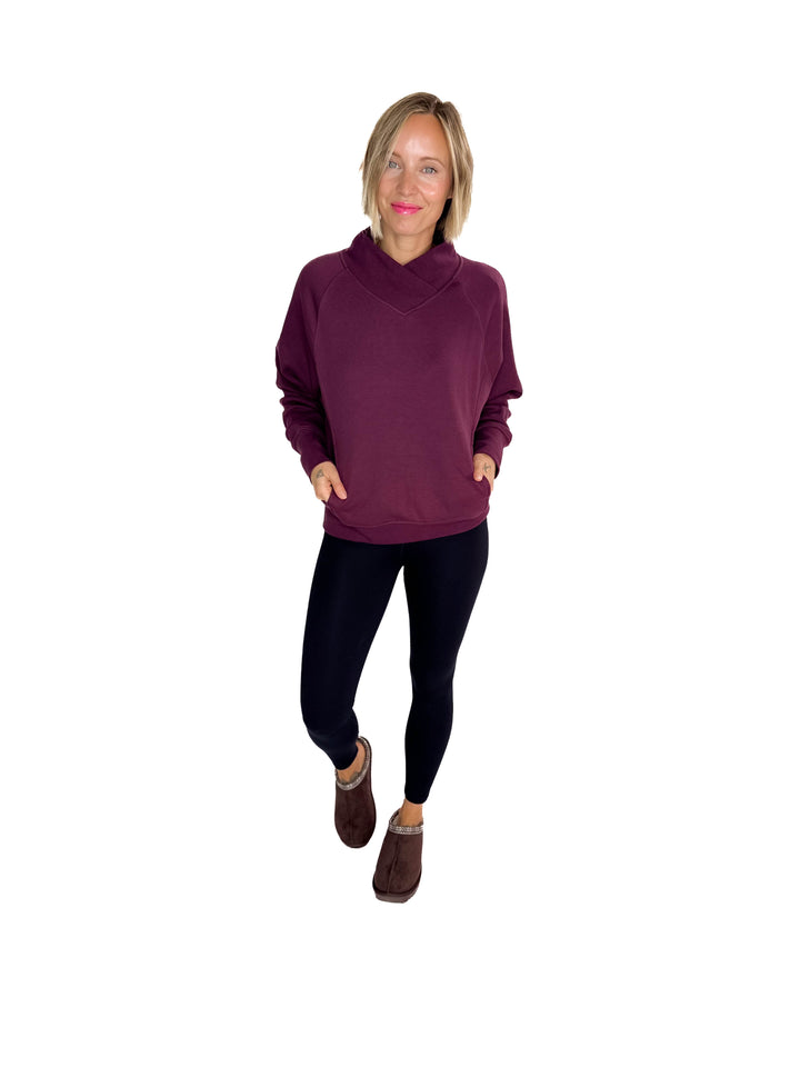 MONO B Heartline Fleece Mock Neck Sweater- DARK PLUM