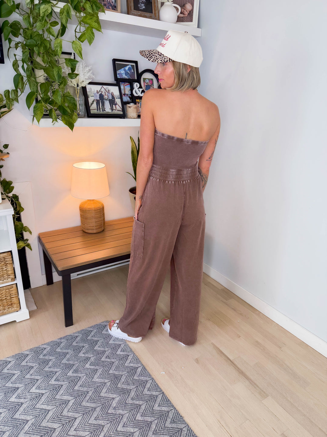 Whitney Strapless Cargo Jumpsuit- CHOCOLATE