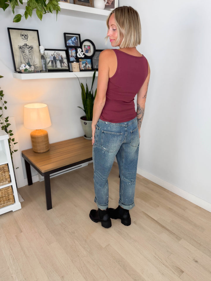Mono B Billie Square Neck Micro RIbbed Tank Top- ROSEWOOD