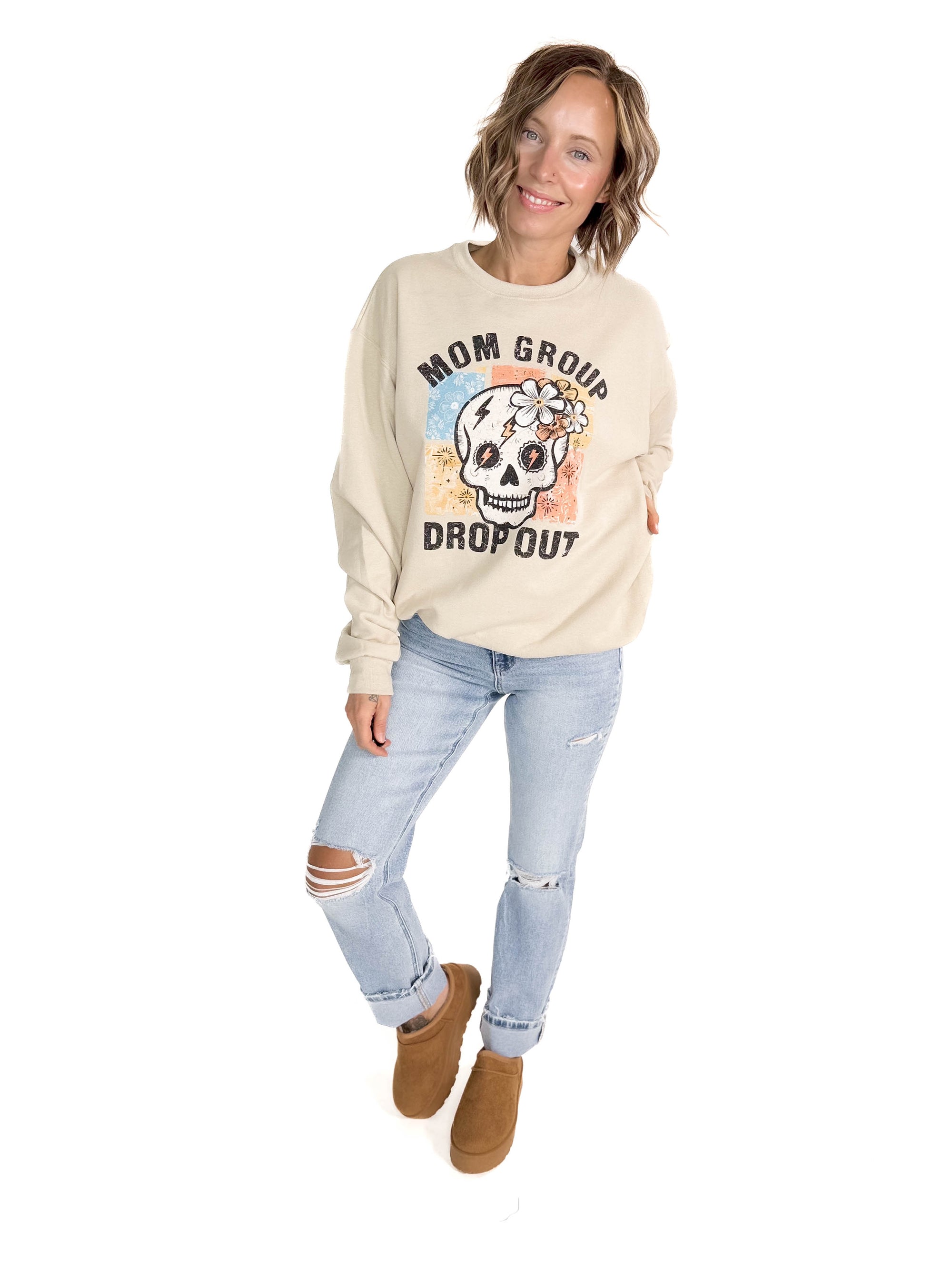 Mom Group Drop Out Crewneck- SAND