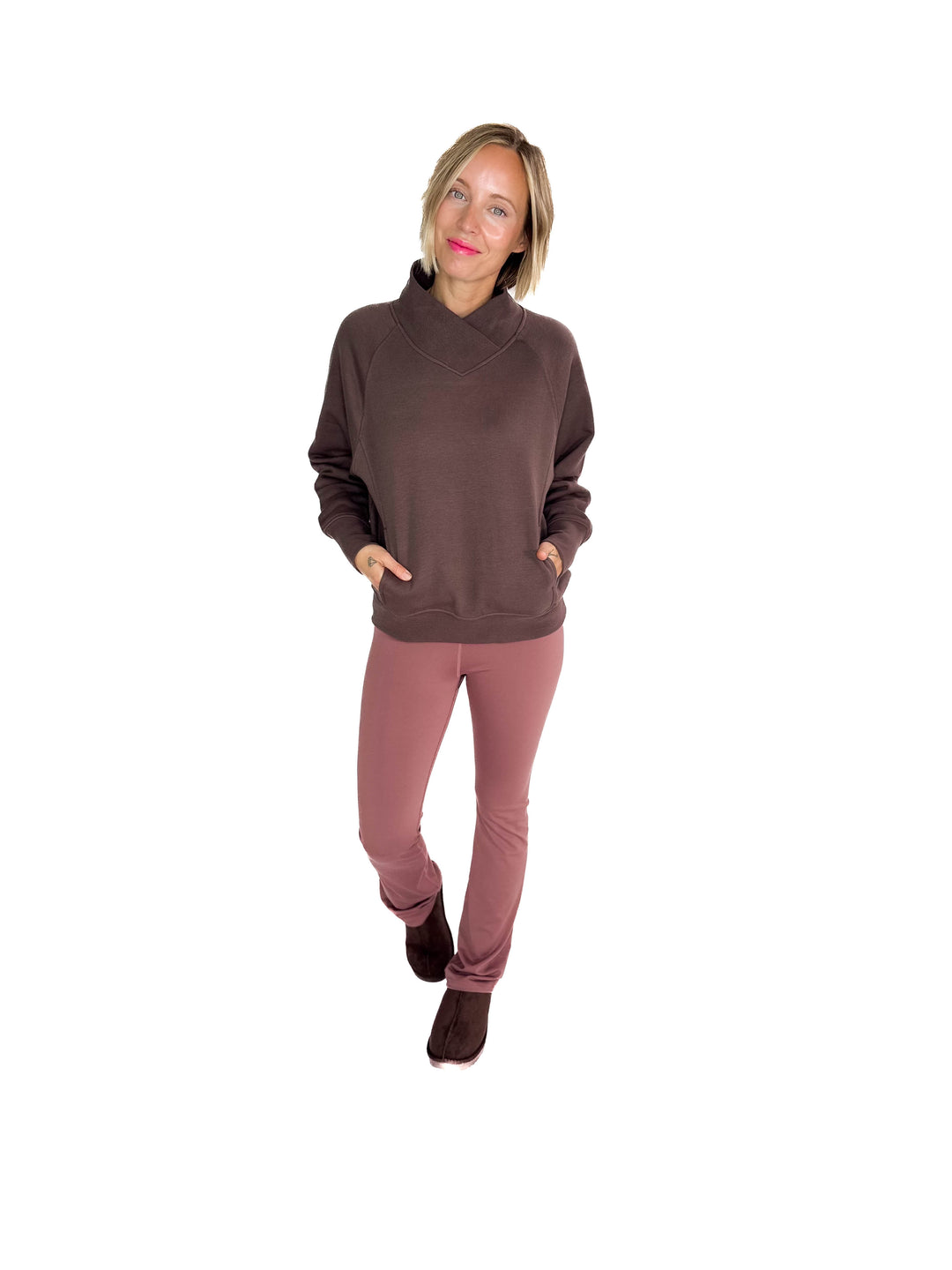 MONO B Heartline Fleece Mock Neck Sweater- ESPRESSO