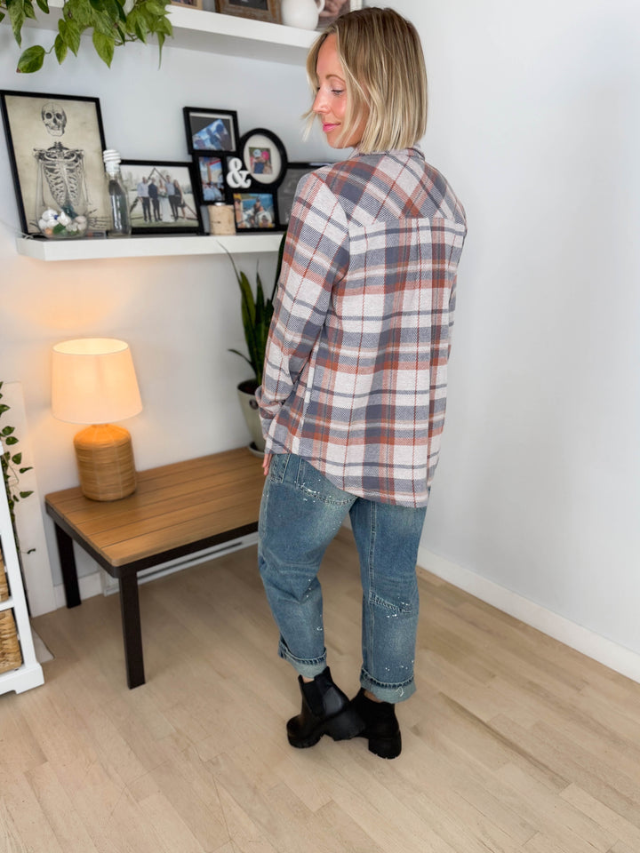 Arabella Plaid Button Up Shacket- DUSTY BLUE/ BIRCH & TAN