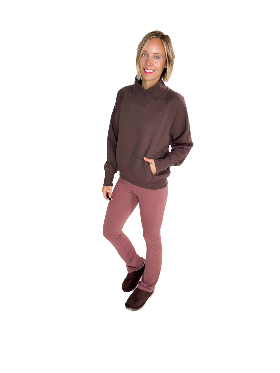 MONO B Heartline Fleece Mock Neck Sweater- ESPRESSO