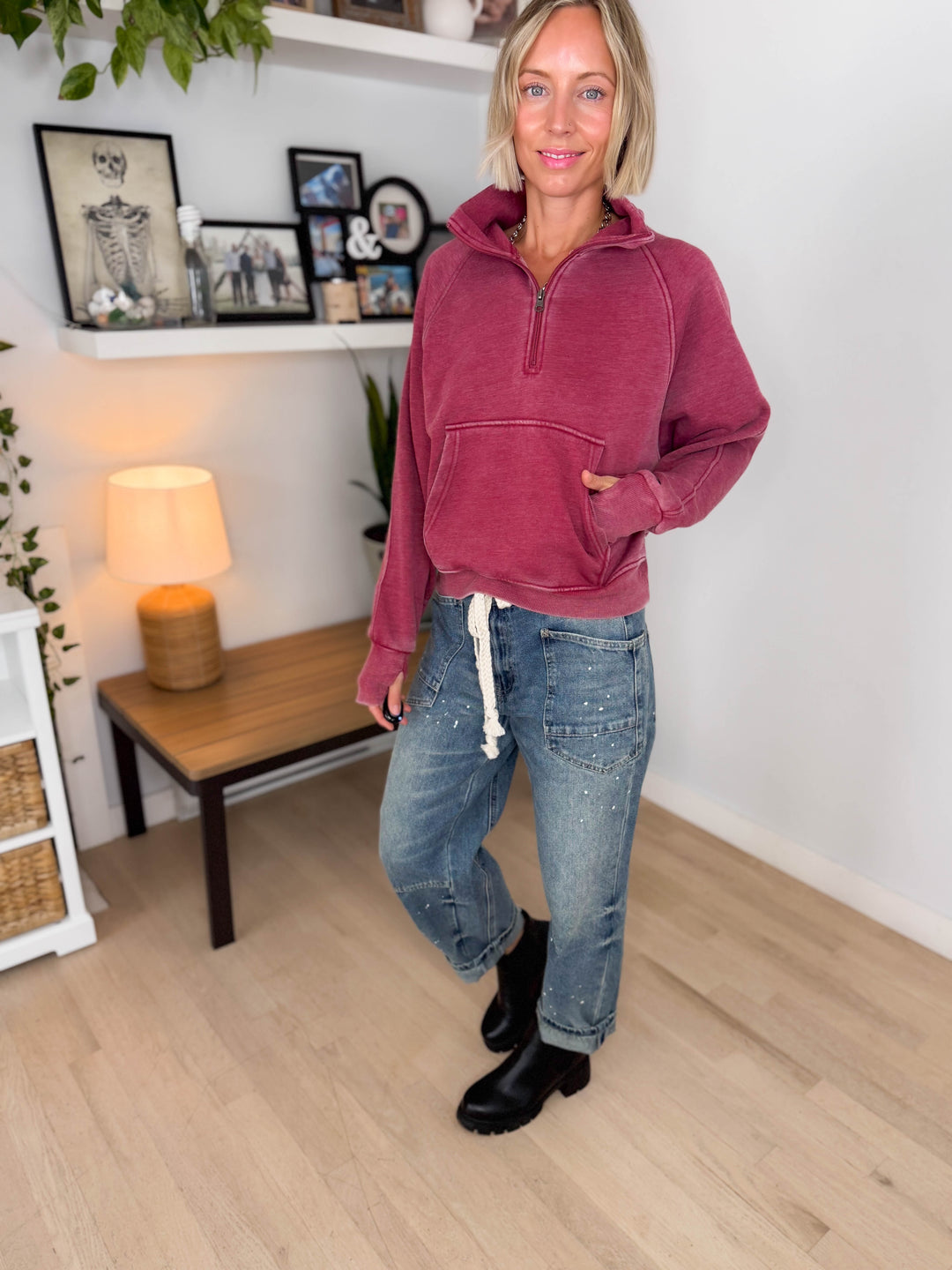 Drew Washed 1/4 Zip Sweatshirt- BURGUNDY
