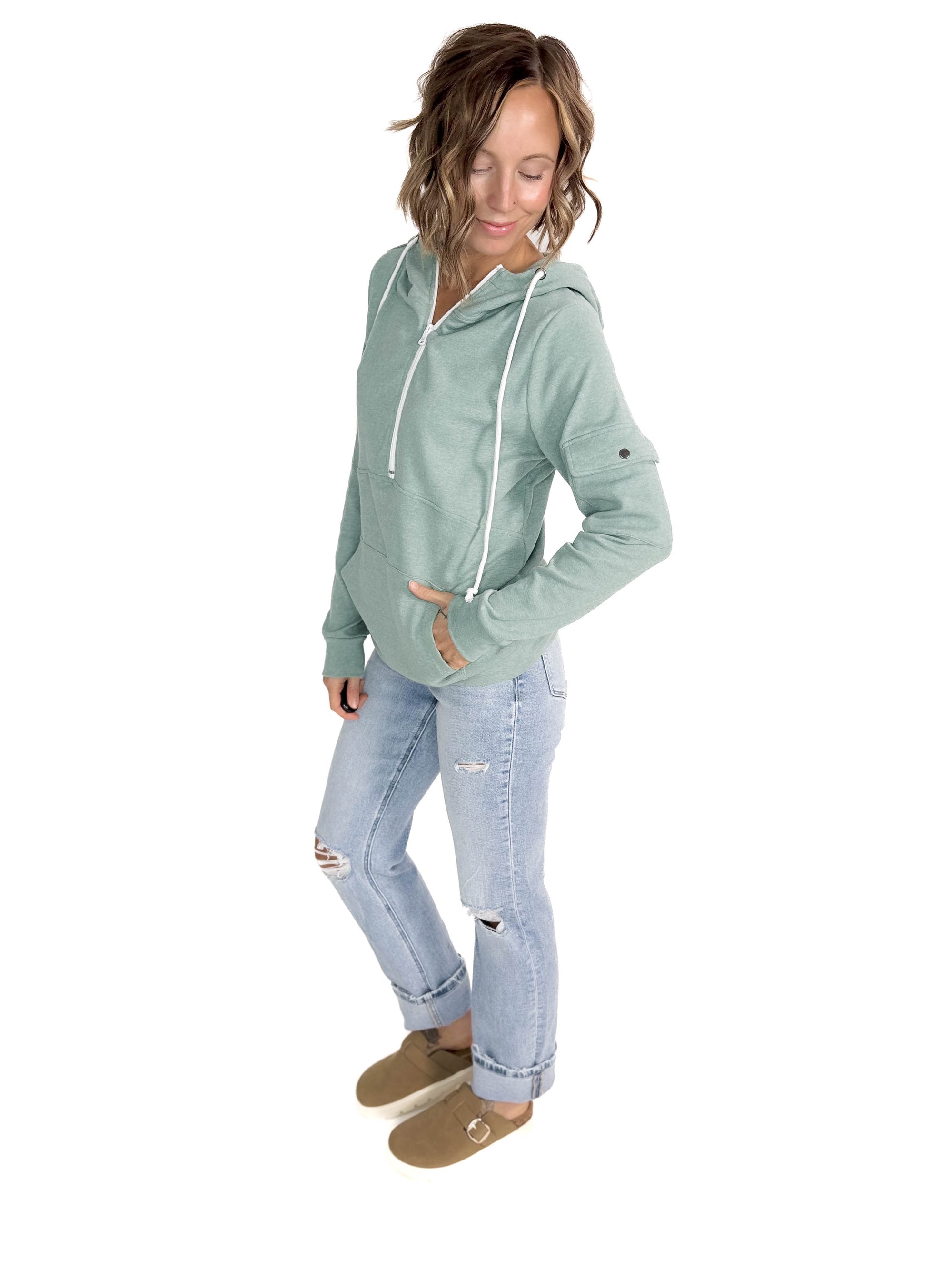 Pixie Pocket Halfzip Hoodie- SAGE