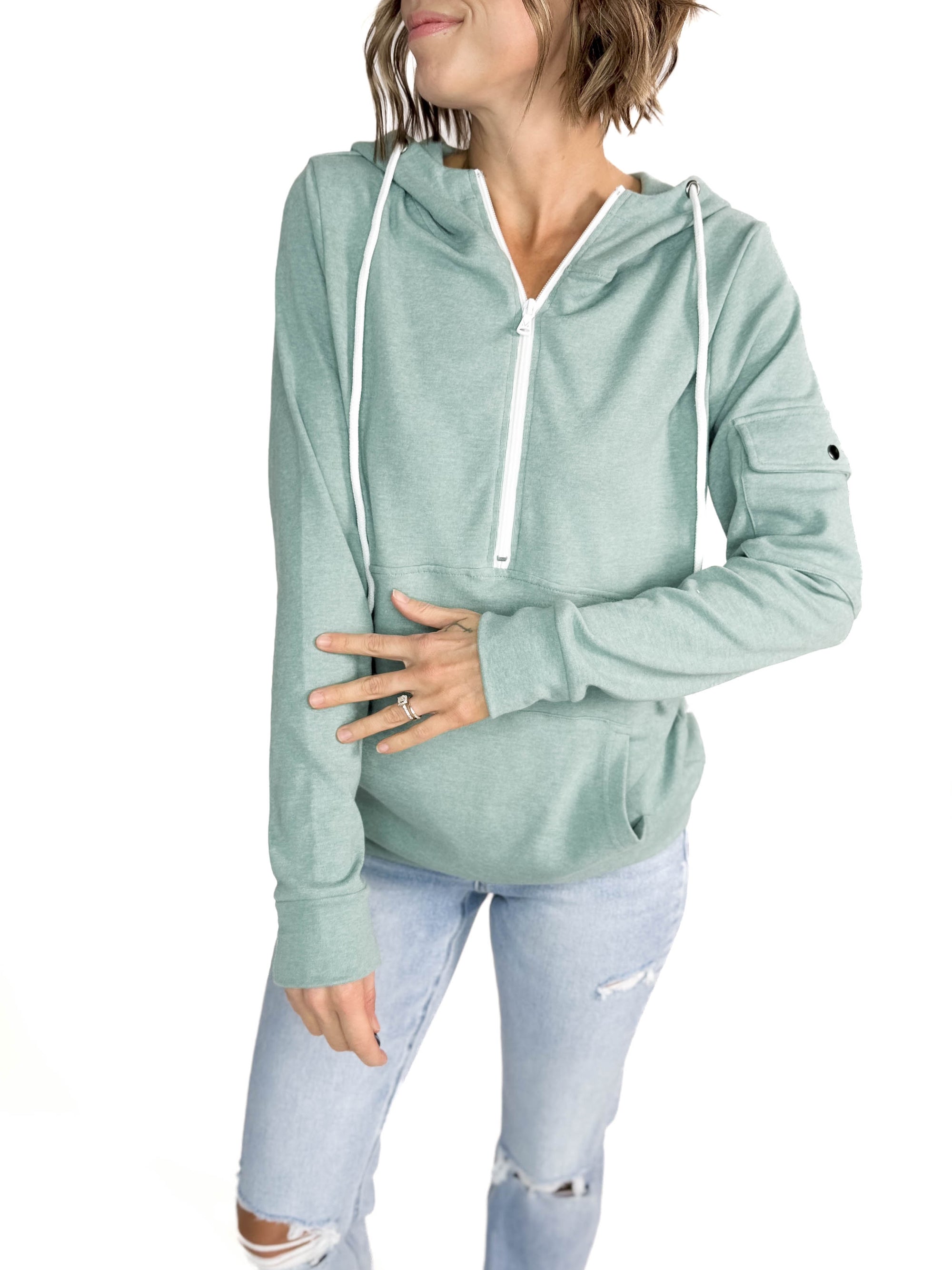 Pixie Pocket Halfzip Hoodie- SAGE