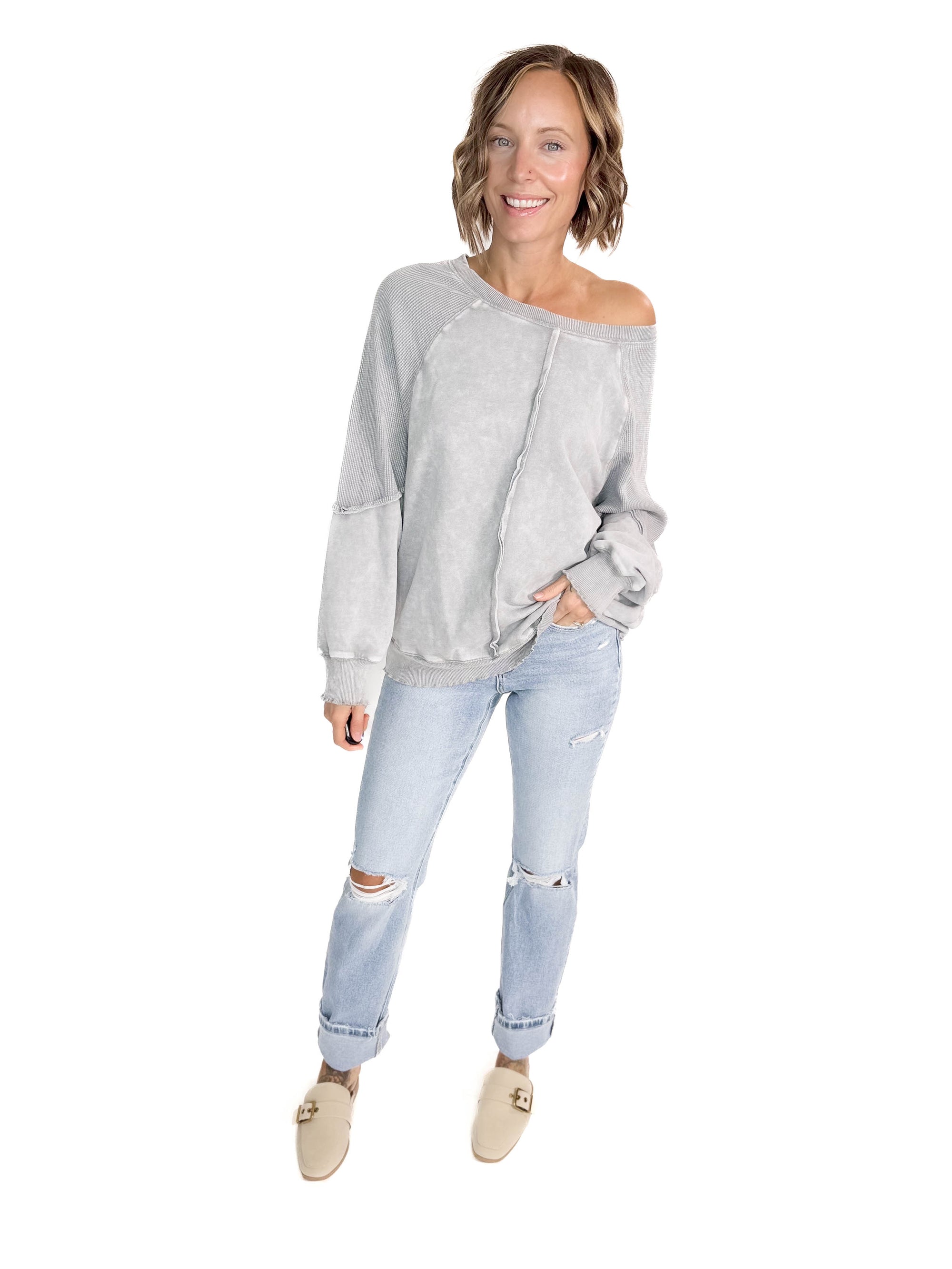 Kasey Waffle Knit Raglan Sweatshirt- LIGHT GREY