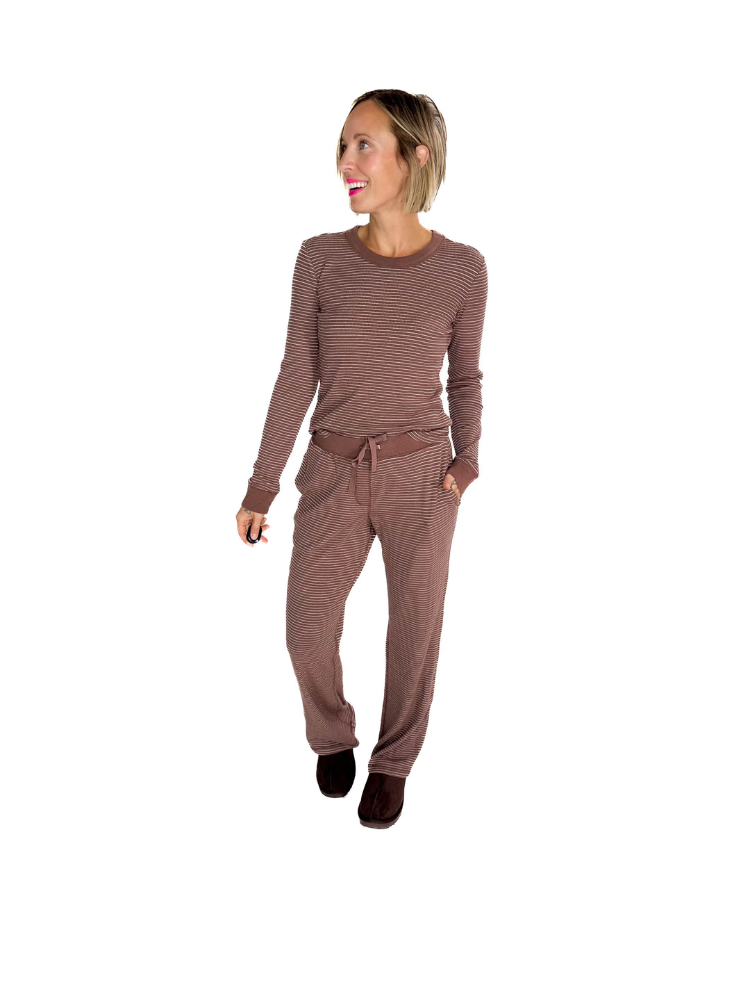 Layla Waffle Crew Neck Top- BROWN