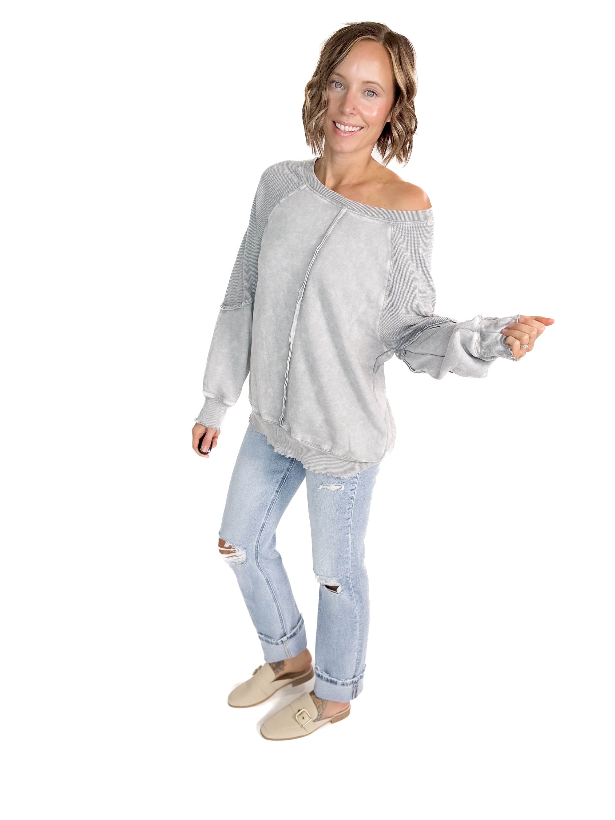 Kasey Waffle Knit Raglan Sweatshirt- LIGHT GREY