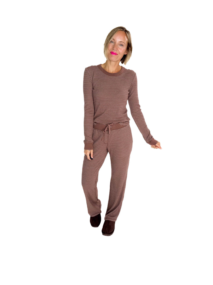 Layla Waffle Crew Neck Top- BROWN