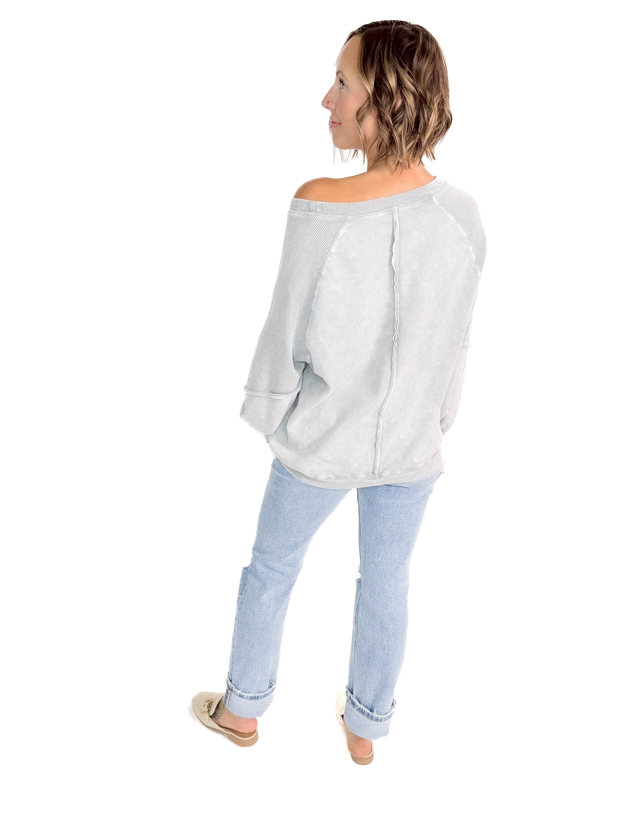 Kasey Waffle Knit Raglan Sweatshirt- LIGHT GREY