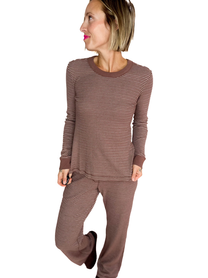 Layla Waffle Crew Neck Top- BROWN