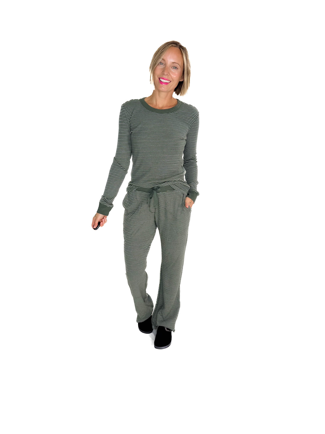 Layla Waffle Crew Neck Top- HUNTER