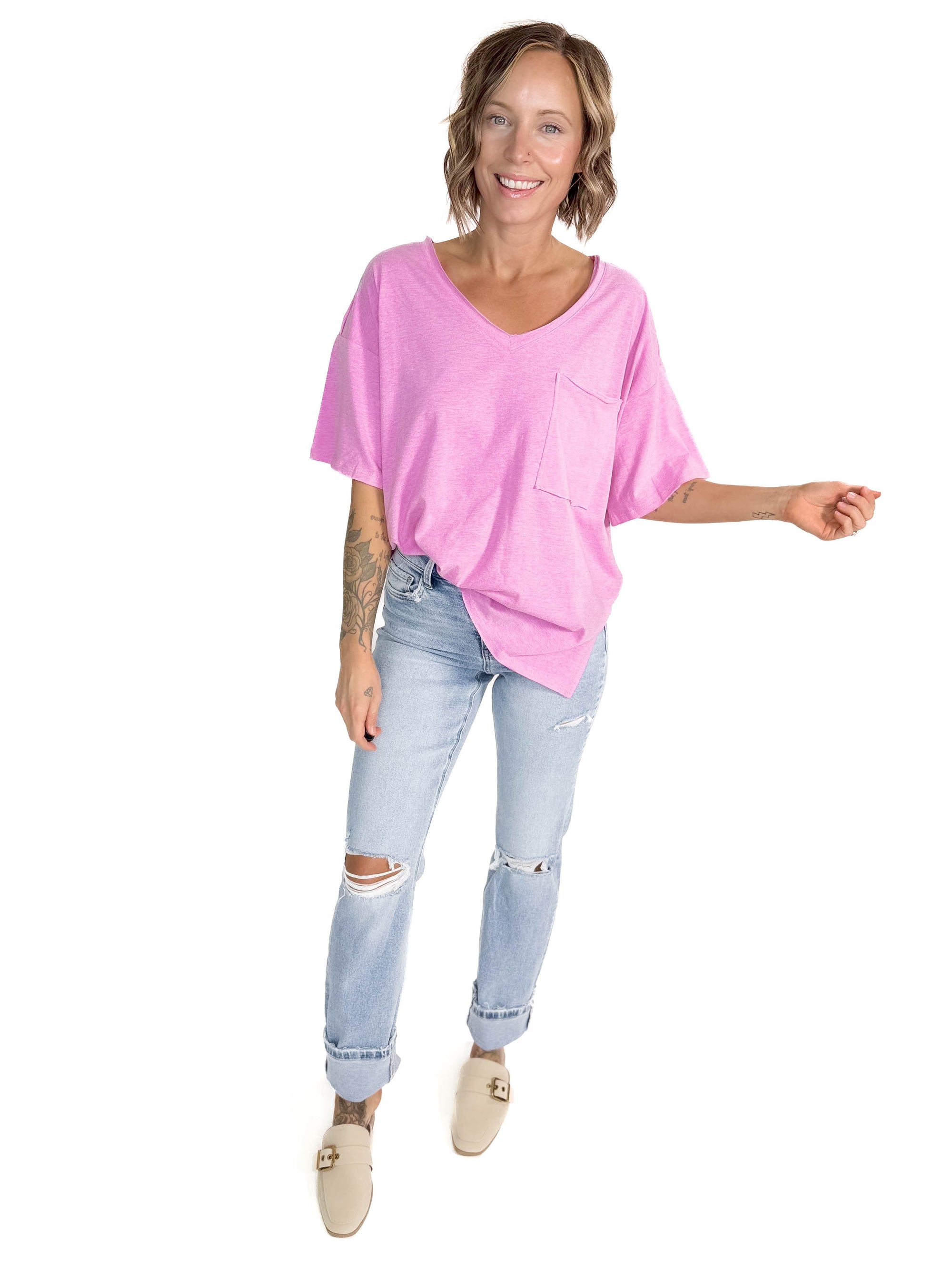 Basic Boyfriend Loose T-Shirt- HEATHER MAUVE