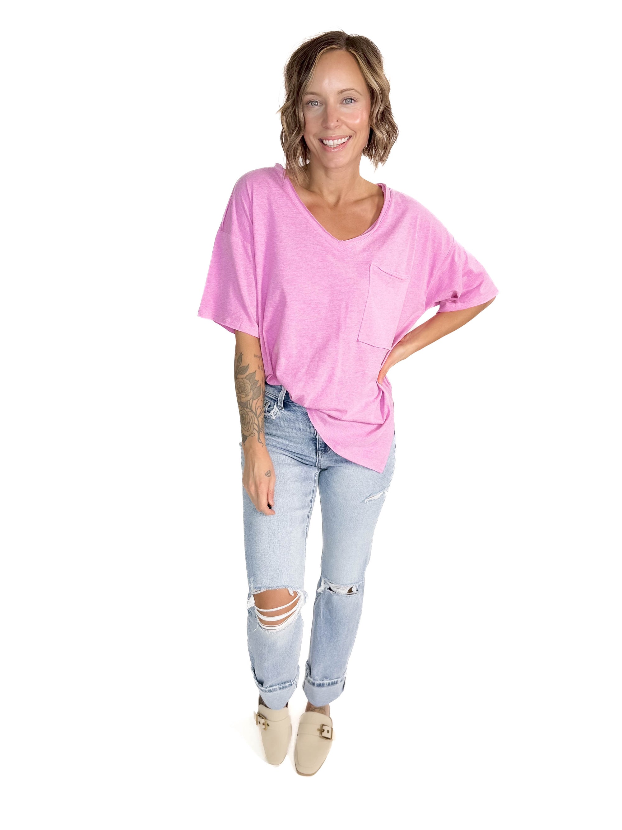 Basic Boyfriend Loose T-Shirt- HEATHER MAUVE