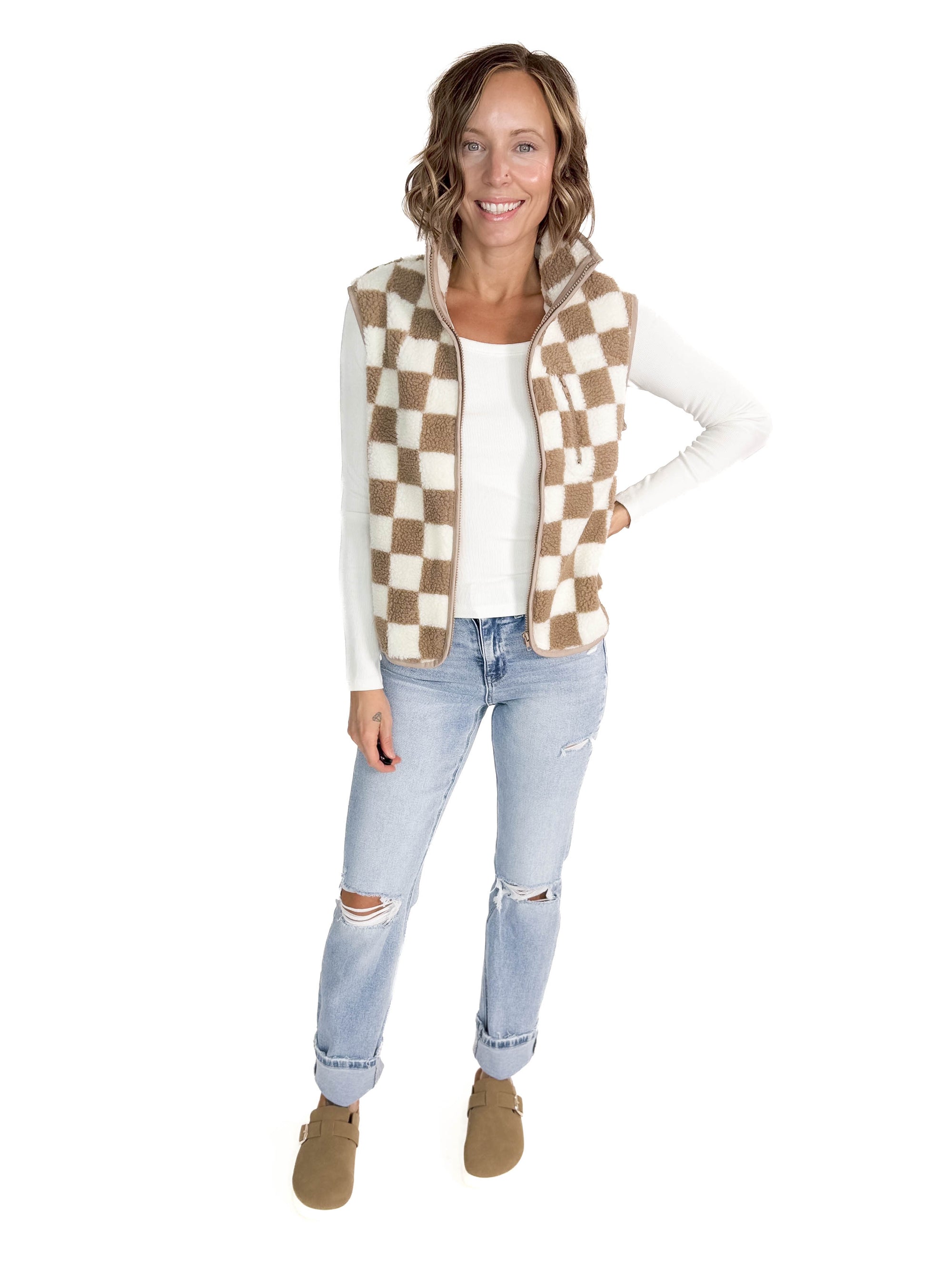 Brooke Checkered Sherpa Jacket Vest- KHAKI