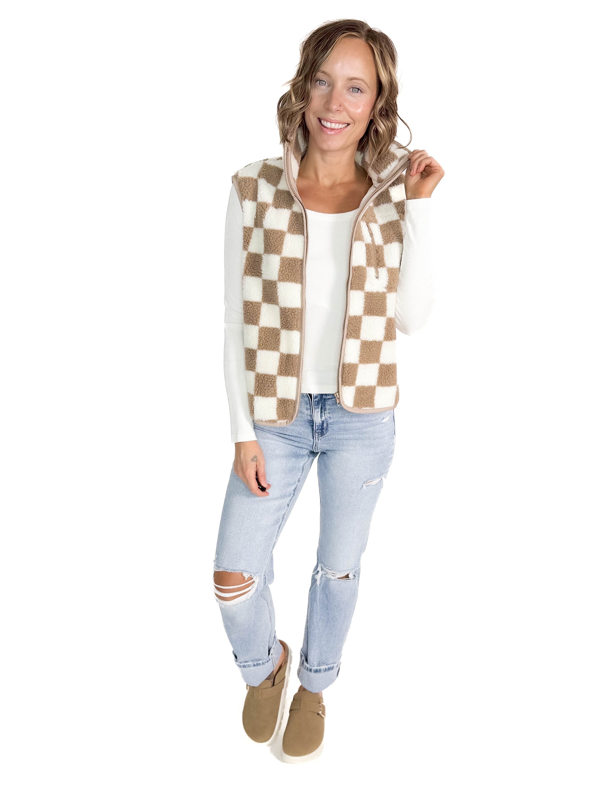 Brooke Checkered Sherpa Jacket Vest- KHAKI