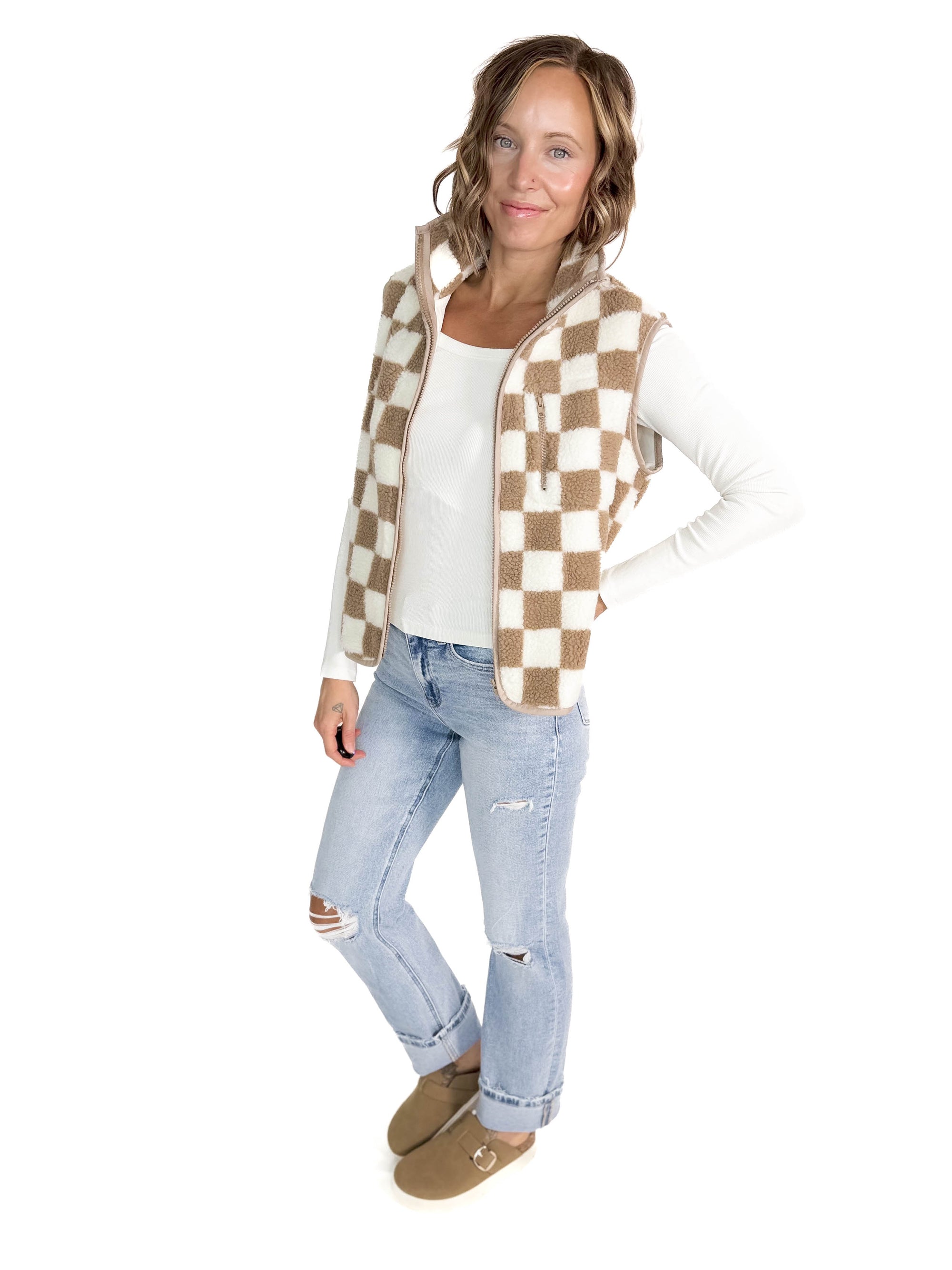 Brooke Checkered Sherpa Jacket Vest- KHAKI