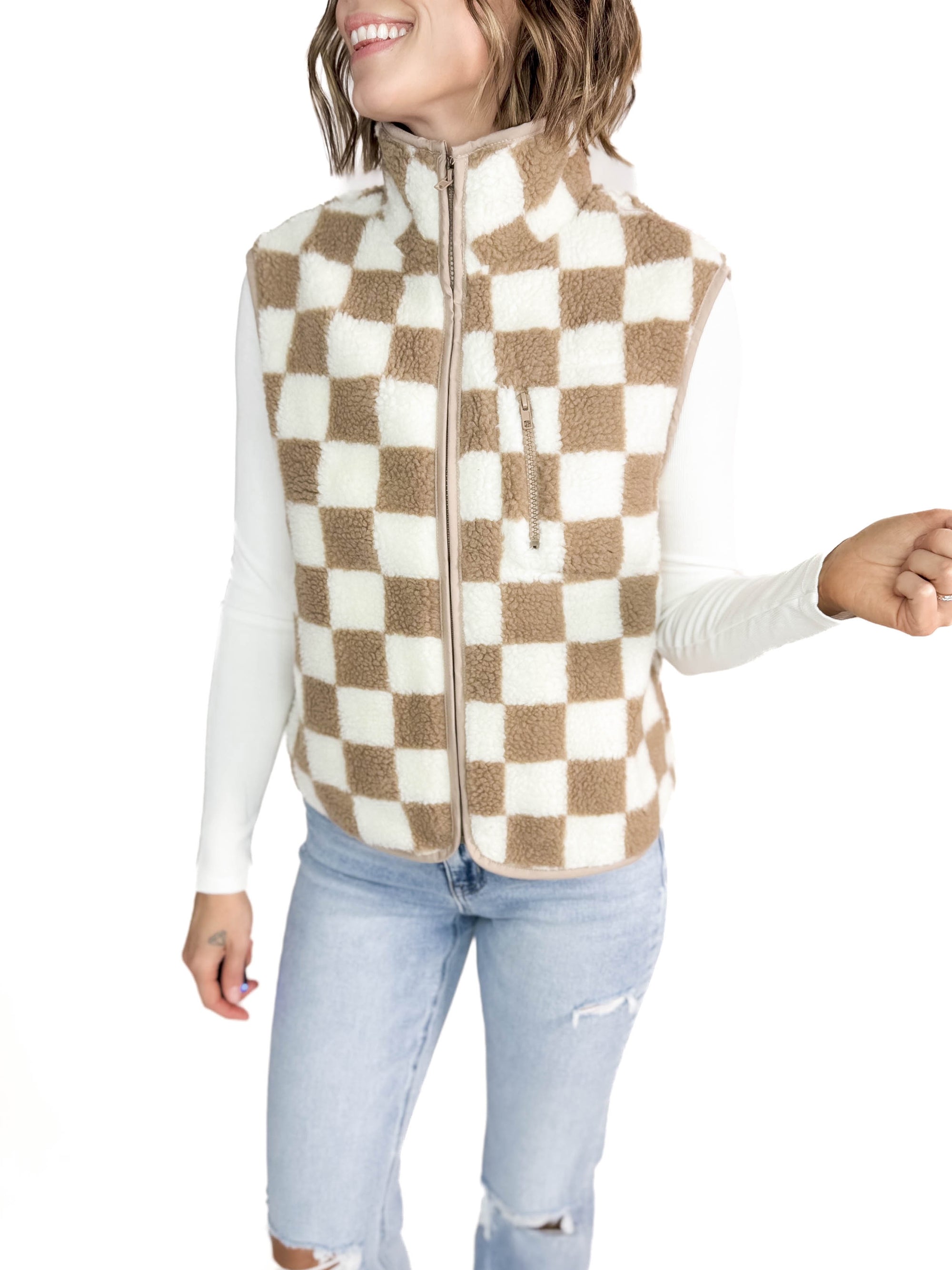 Brooke Checkered Sherpa Jacket Vest- KHAKI