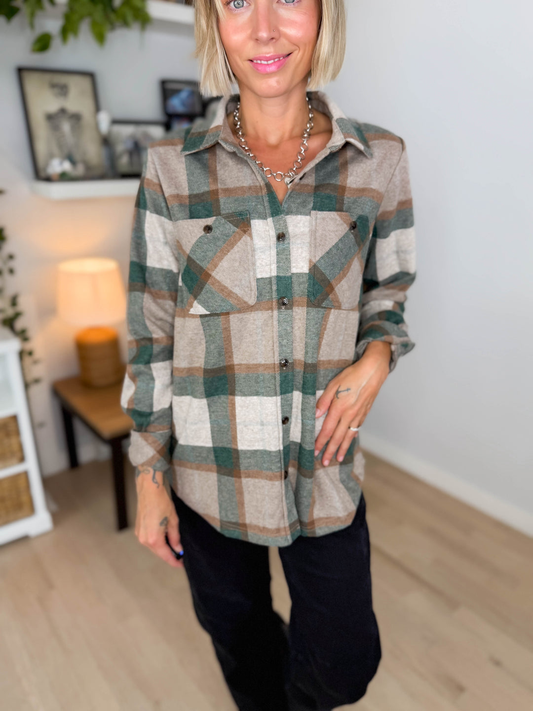 Arabella Plaid Button Up Shacket- TAN/GREEN/RUST
