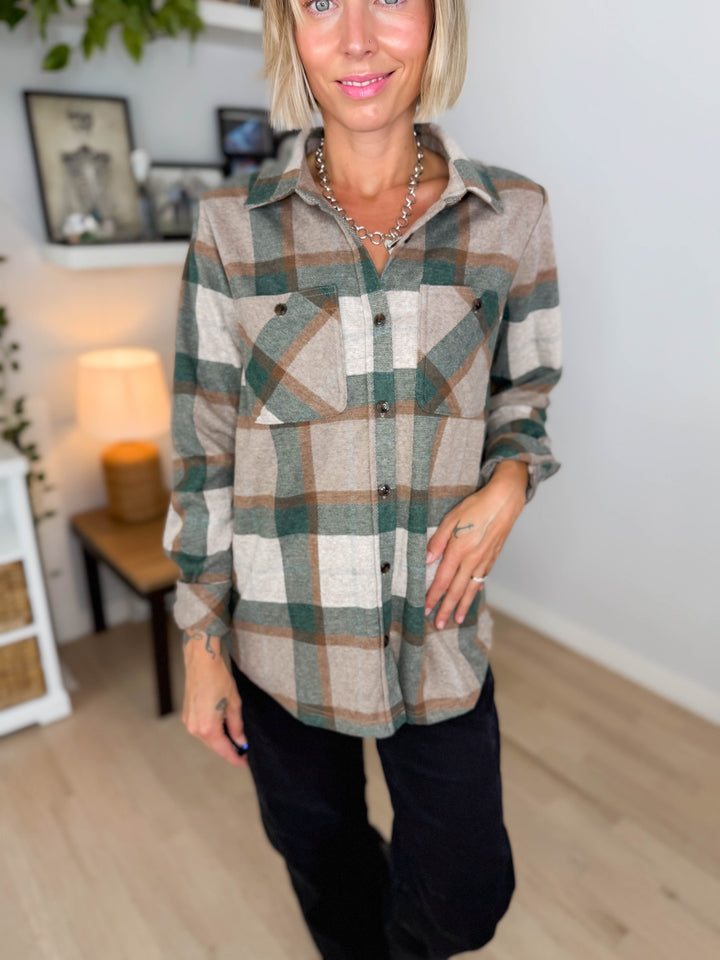 Arabella Plaid Button Up Shacket- TAN/GREEN/RUST